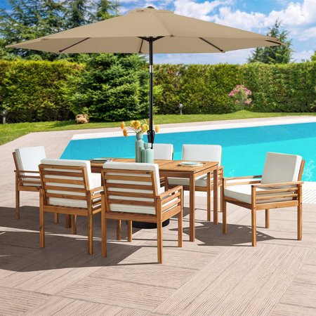 ALATERRE FURNITURE 8 Piece Set, Okemo Table with 6 Chairs, 10-Foot Auto Tilt Umbrella Sand ANOK01RD08S6